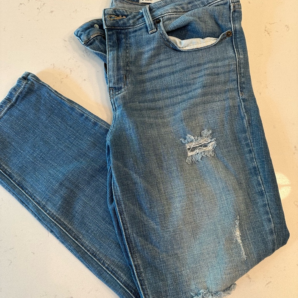 Blue Straight Leg Jeans with Distressed Details